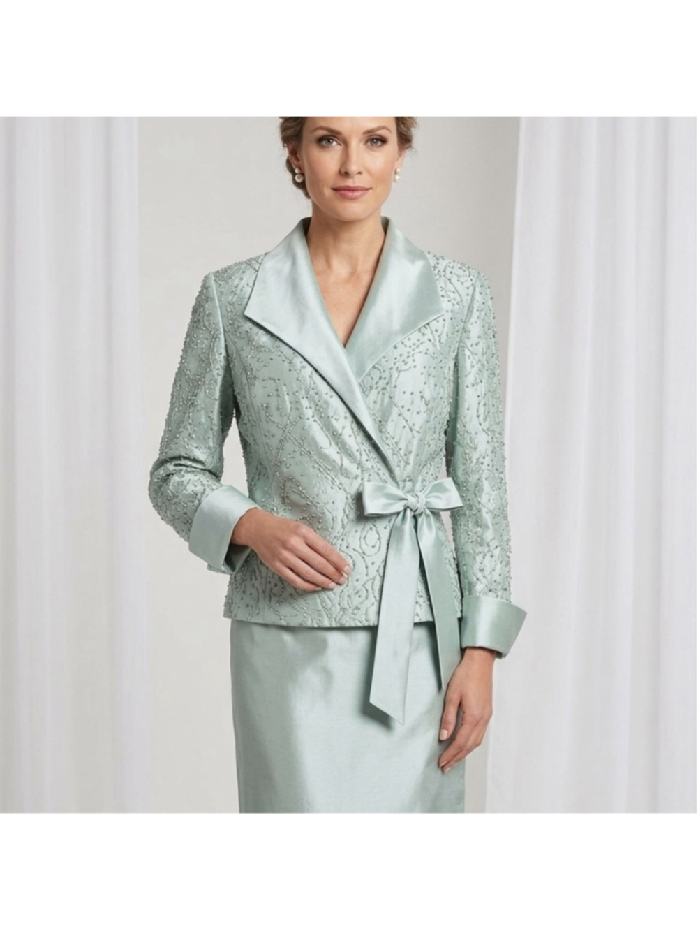 Cachet Vintage Beaded Wrap Blazer & Maxi Skirt Set Silver Blue Formal